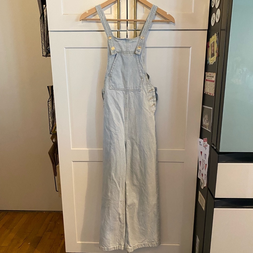 asos Stradivarius cropped wide leg denim dungarees light Blue Denim Overalls - Picture 7 of 16